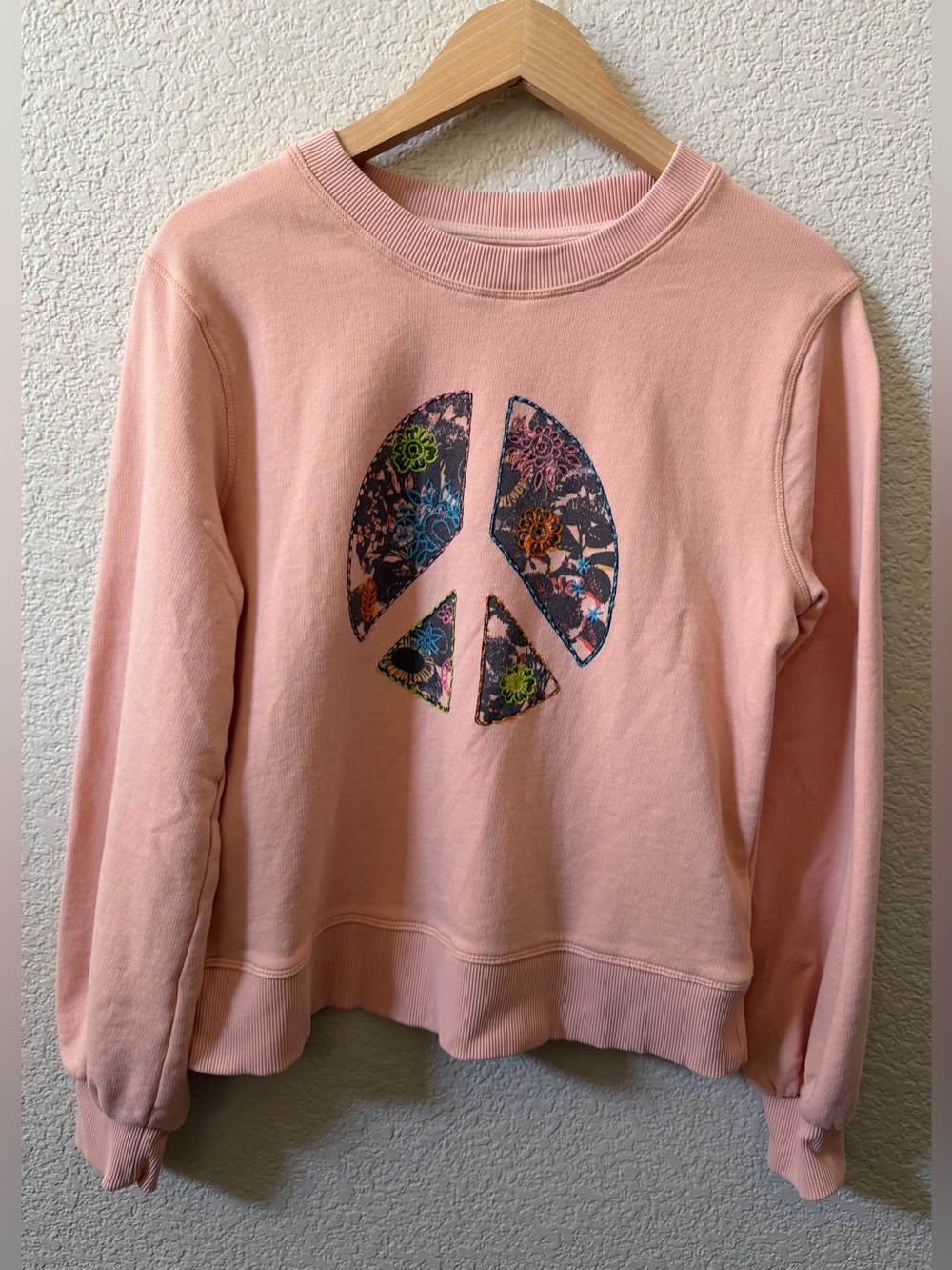 Anthropologie Small Peace Graphic Embroidered Cotton Crewneck Peachy Pink •flaw